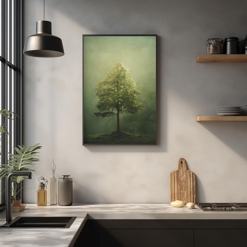 a kitchen counter with a framed picture of a tree on the wall above it, a wooden cutting board, and various kitchen items such as a bottle, a vase, and a bowl.