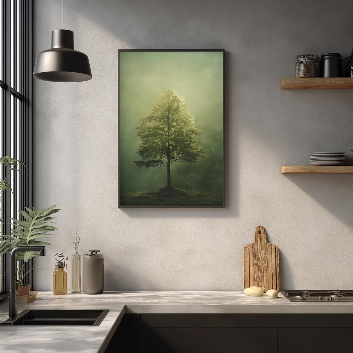 a kitchen counter with a framed picture of a tree on the wall above it, a wooden cutting board, and various kitchen items such as a bottle, a vase, and a bowl.