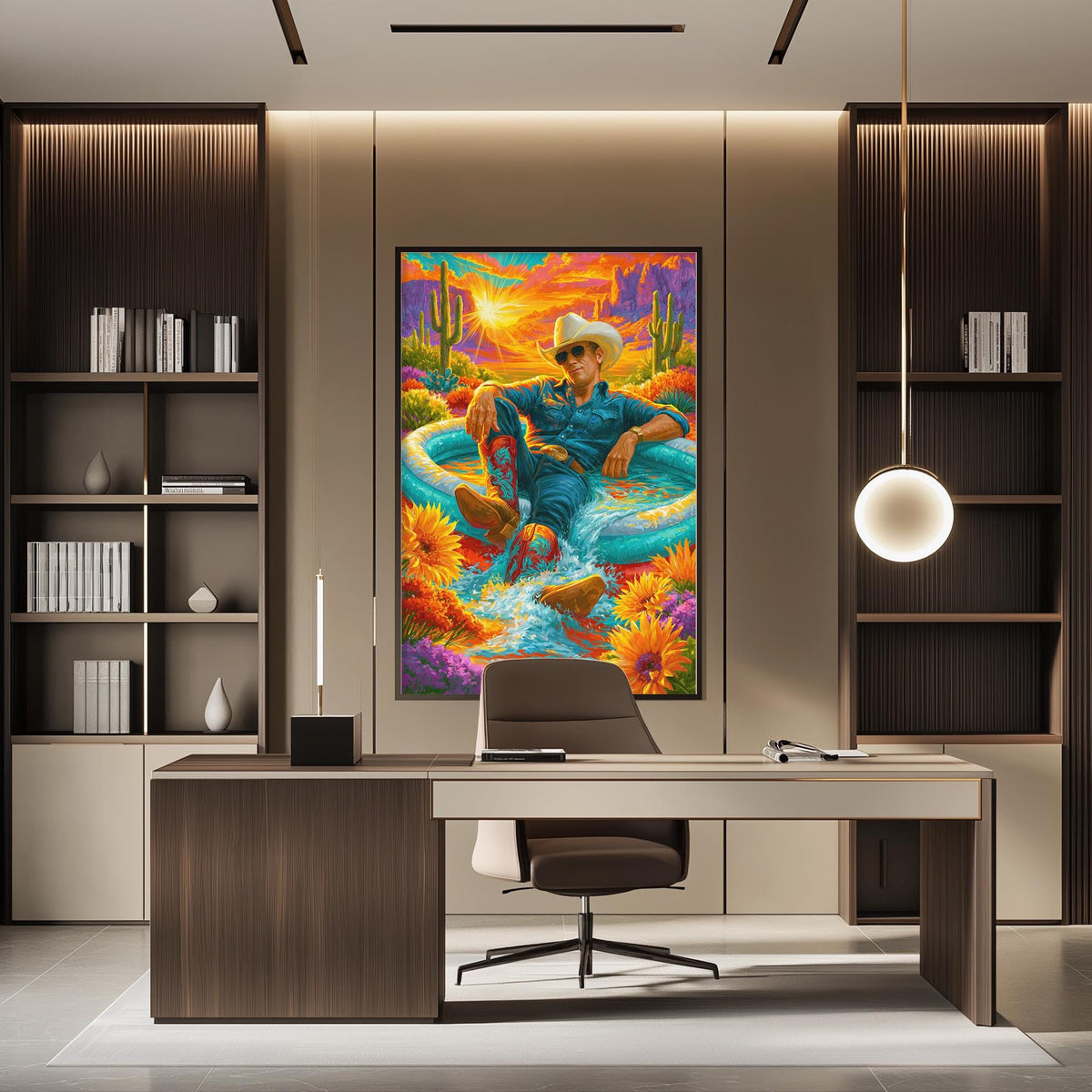 a modern office space with a large, colorful painting of a man sitting in a boat on the wall. The painting is surrounded by bookshelves and a desk with a chair.