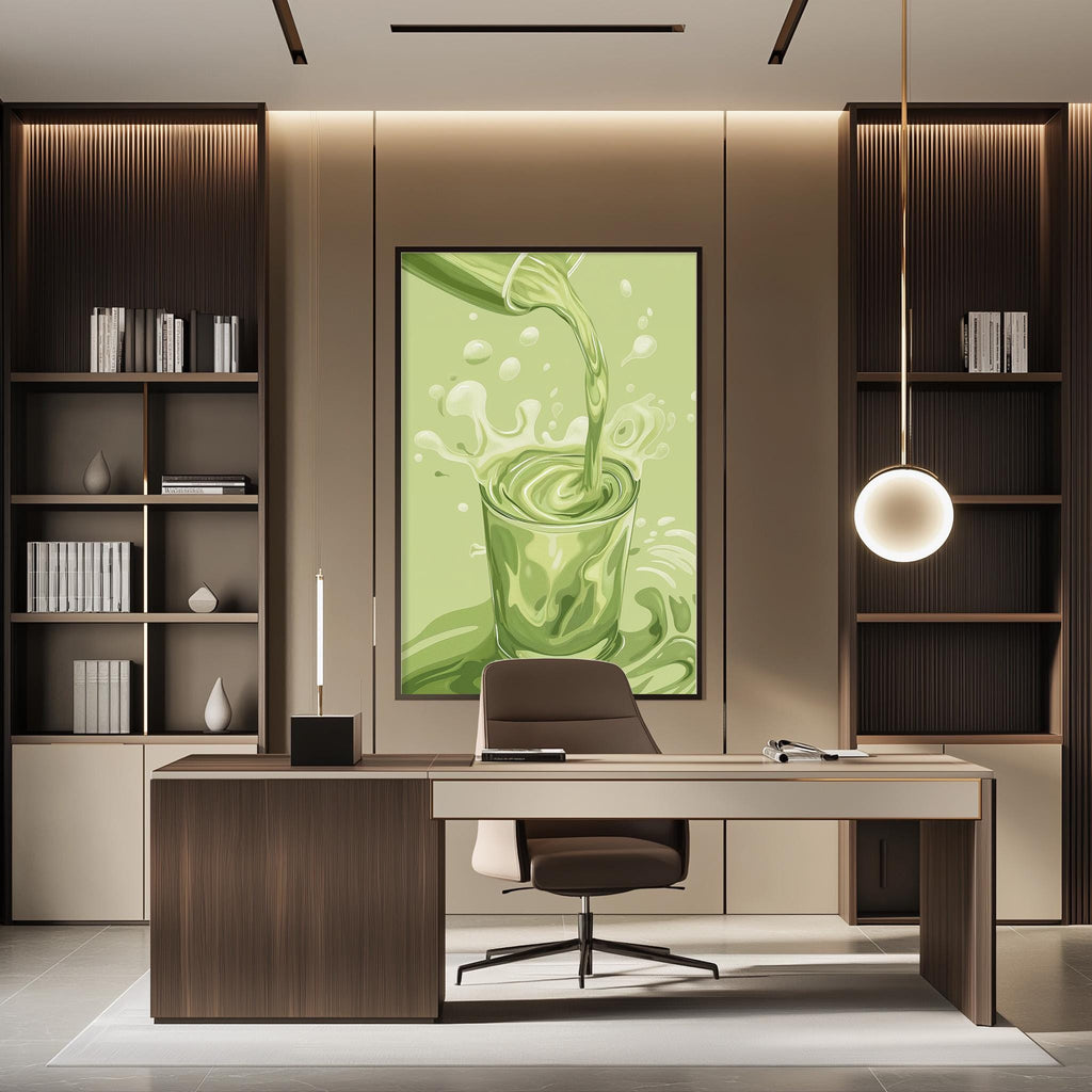 a modern and minimalist office space with a large framed artwork of a green liquid on the wall, a wooden desk with a chair, and built-in bookshelves.