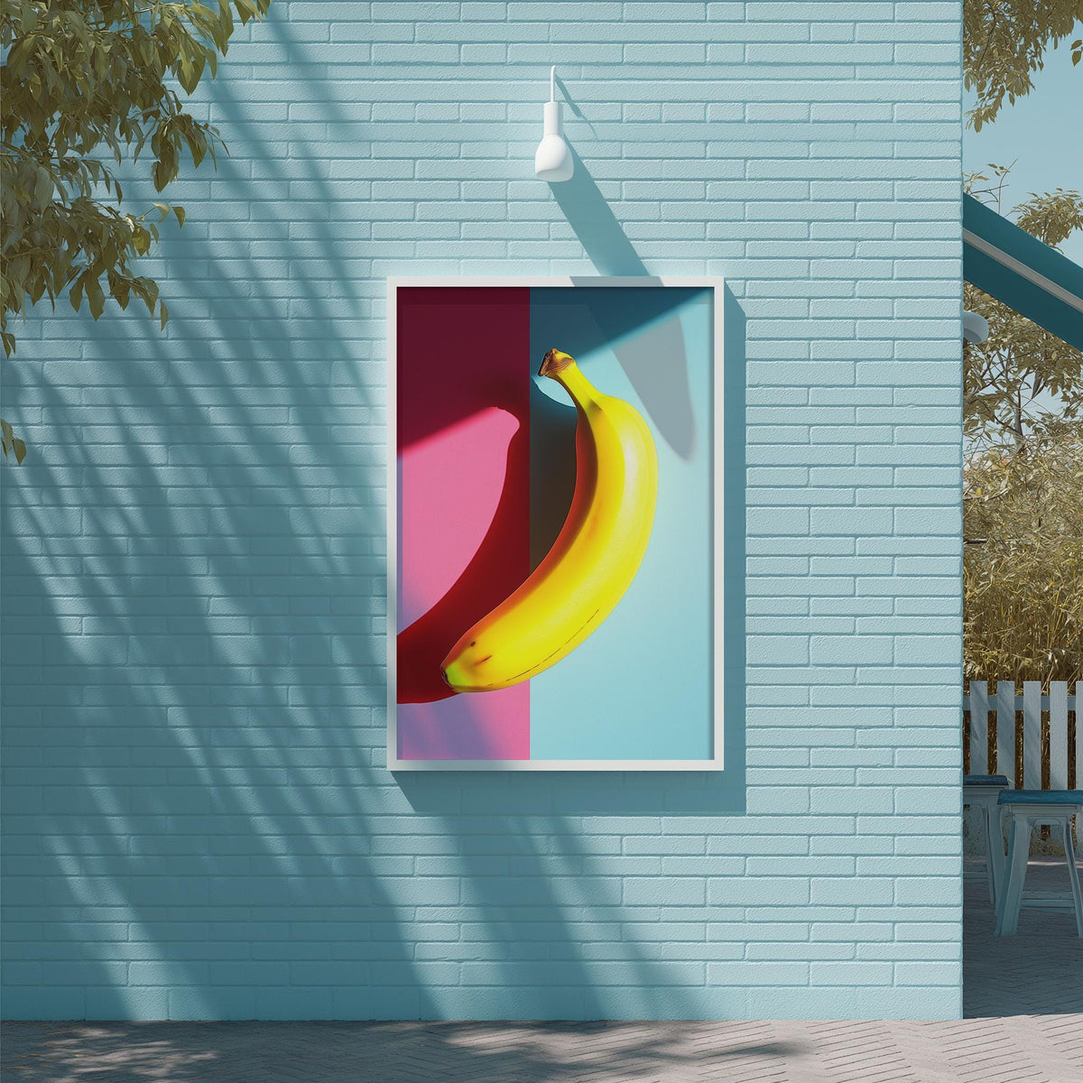 a vibrant, colorful painting of a banana hanging on a light blue brick wall.