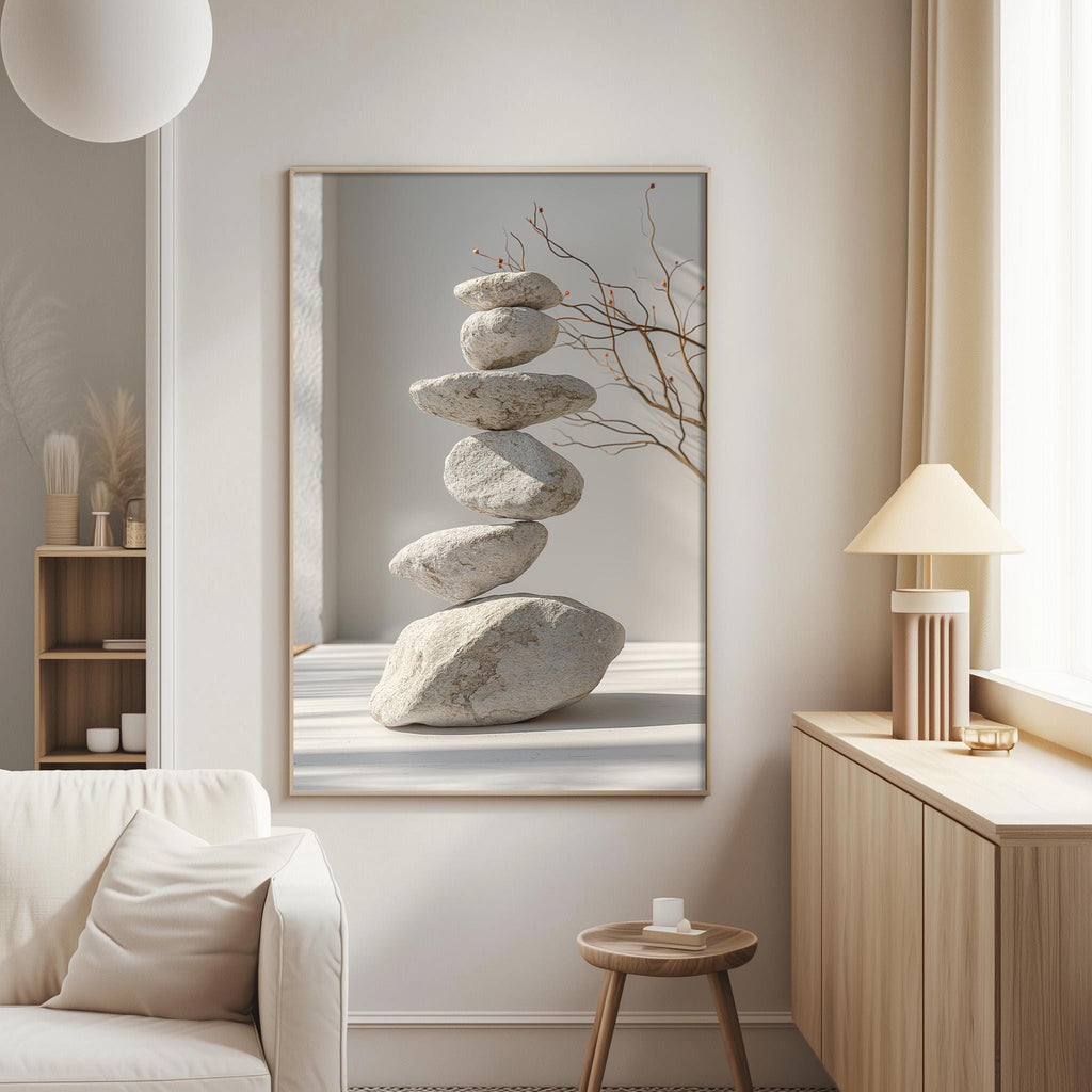 a serene and minimalist living room with a large framed picture of stacked rocks on the wall, a white sofa, a wooden side table, and a lamp on a wooden cabinet.