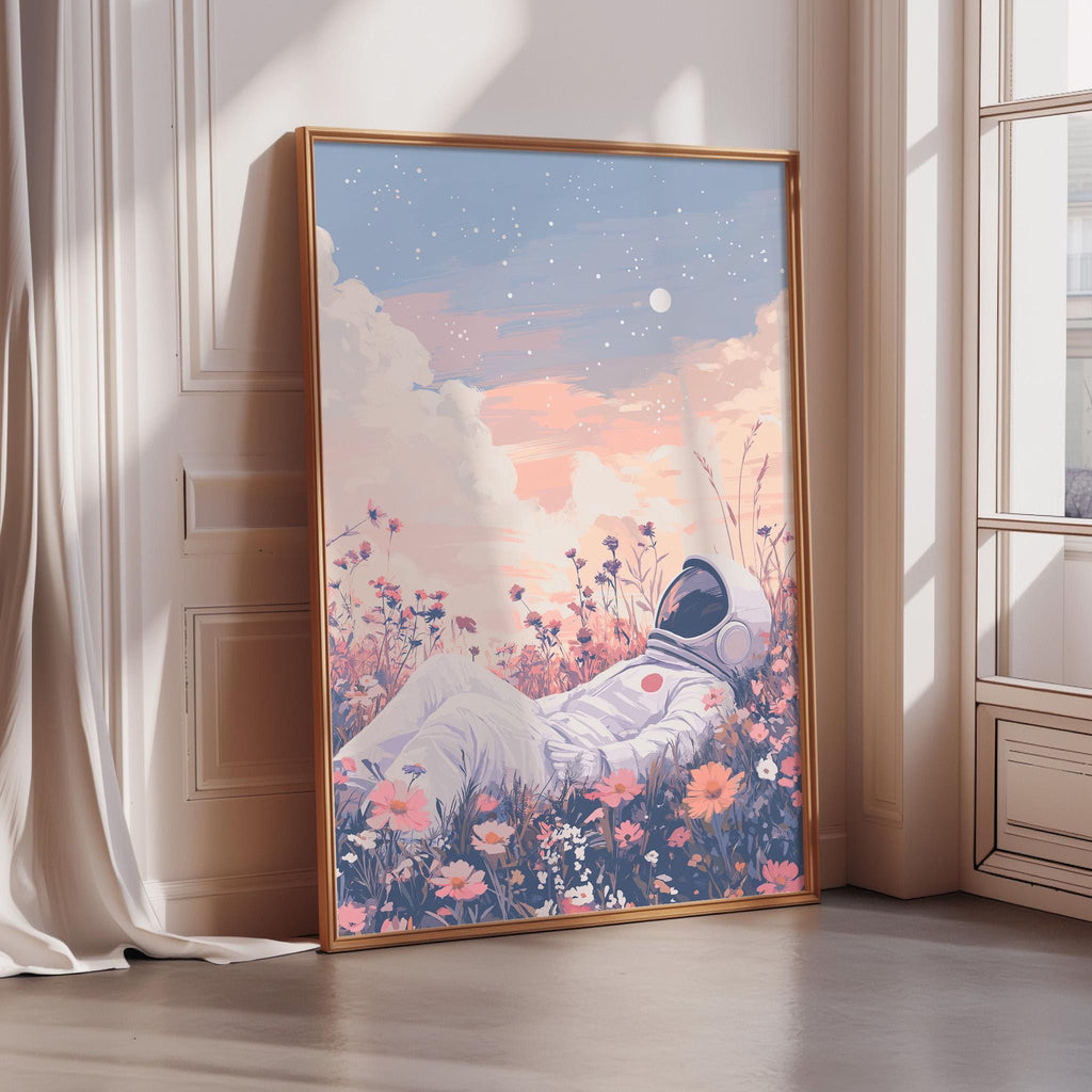 a large framed painting depicting an astronaut lying in a field of flowers, with a starry night sky in the background.