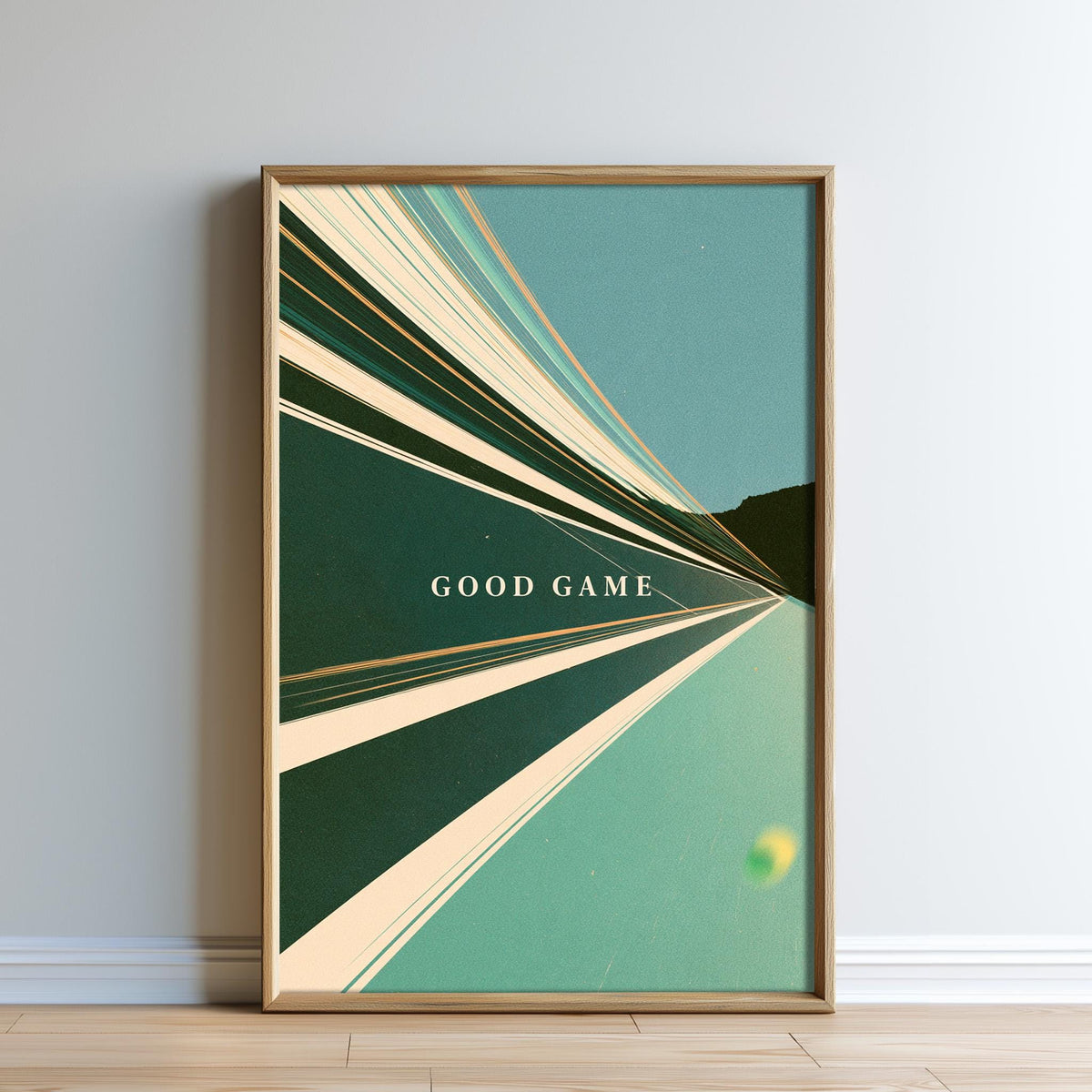 The image is a framed poster with a geometric design featuring a green and white color scheme. The text "GOOD GAME" is prominently displayed in the center of the poster.