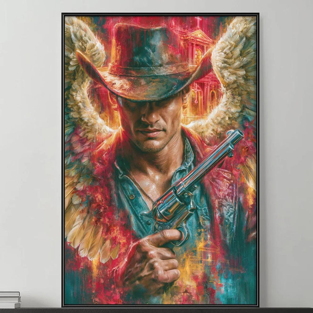a large, colorful painting of a man holding a gun, hanging on a wall above a gray couch with a coffee table in front of it.