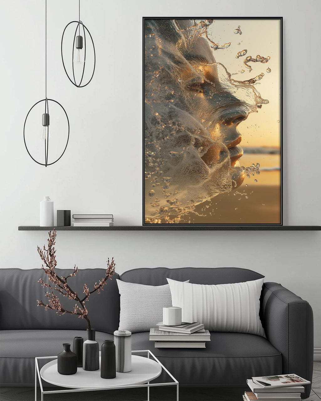 a modern living room with a gray sofa, a coffee table, and a large framed artwork depicting a woman's face with water splashing around it. The artwork is hanging on the wall above the sofa, creating a focal point in the room.