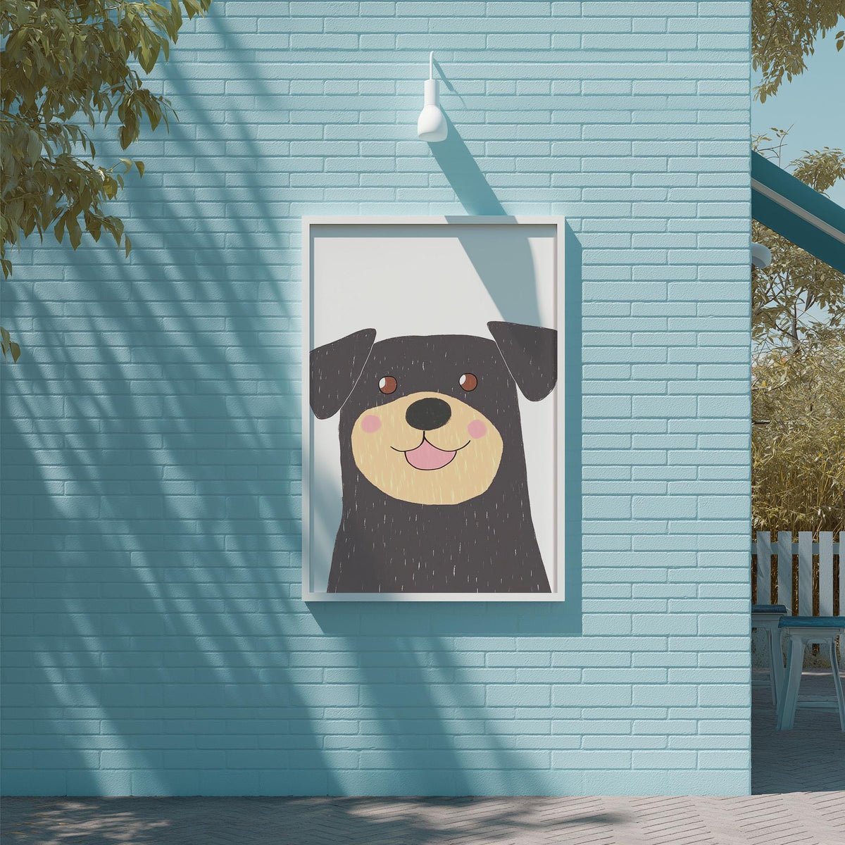 A framed illustration of a dog's face is displayed on a light blue brick wall, with a white light fixture above it.