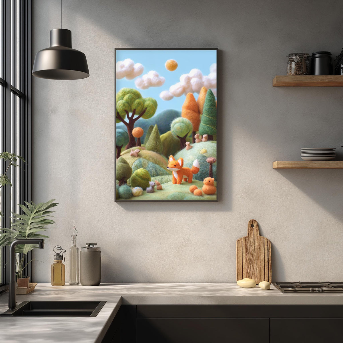a vibrant, whimsical scene of a fox in a lush, forested landscape, with a clear blue sky and fluffy white clouds above. The fox is surrounded by various other animals and elements, creating a lively and imaginative scene.