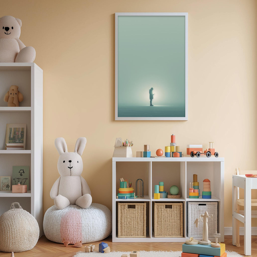 A cozy and colorful children's bedroom with a bookshelf, stuffed animals, and a toy train set. The room has a warm and inviting atmosphere, with a framed picture hanging on the wall and a shelf filled with toys and books.