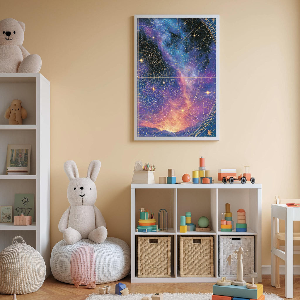 A cozy children's bedroom with a large stuffed rabbit, a bookshelf, and a colorful galaxy-themed poster on the wall.