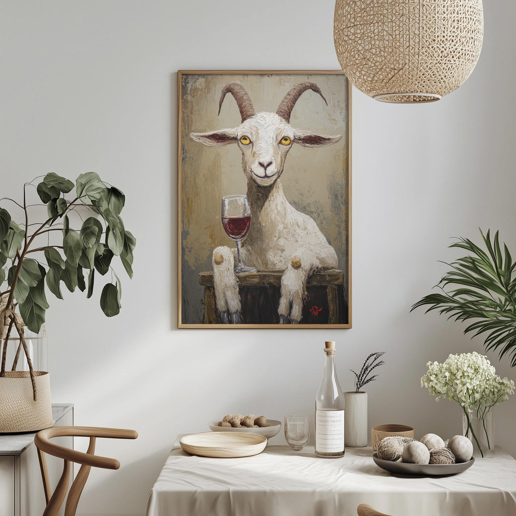 a painting of a goat holding a glass of wine, hanging on a wall above a table with various items on it.