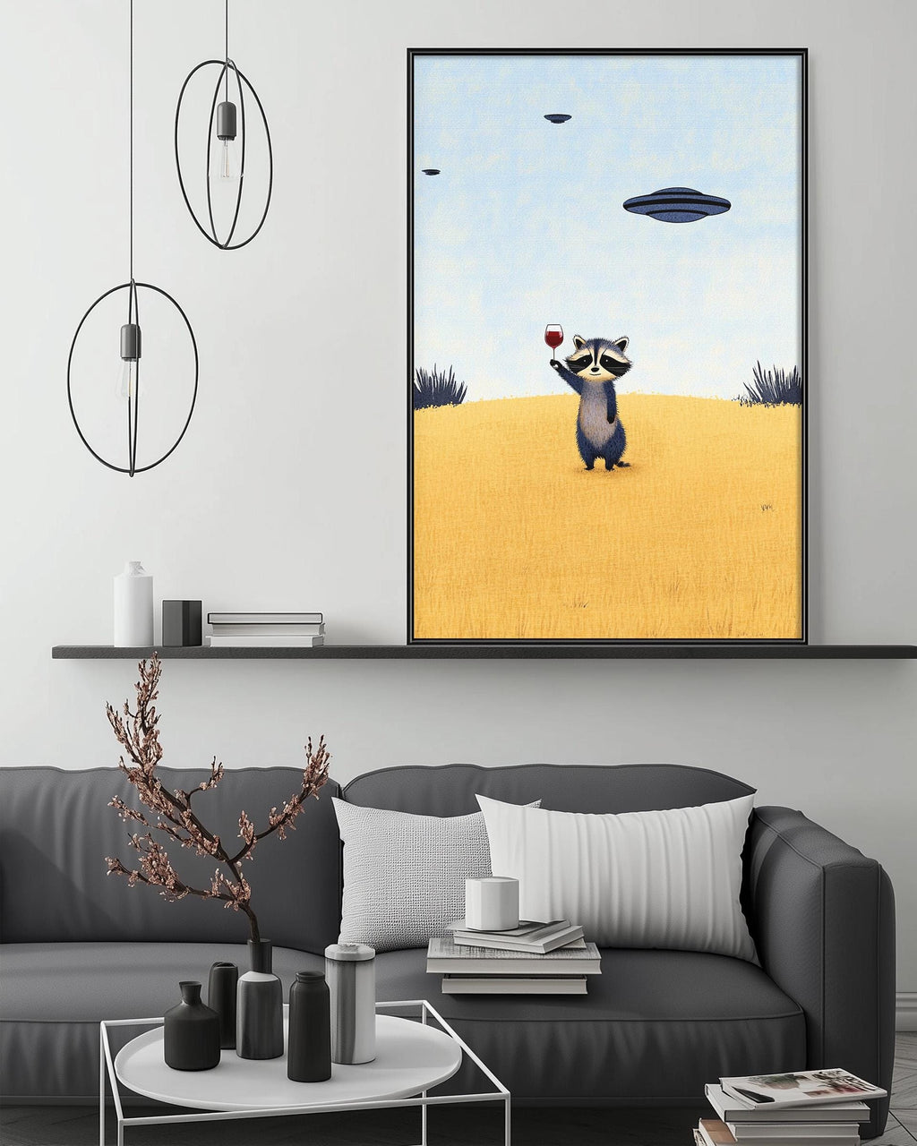 a raccoon standing in a field with a yellow background, holding a red object in its paws. Above the raccoon, there is a framed image of a blue spaceship flying in the sky. The image is displayed on a wall above a gray couch, which has a coffee table in front of it. The room has a minimalist and modern design, with a black and white color scheme and a few decorative elements such as a potted plant and a vase.