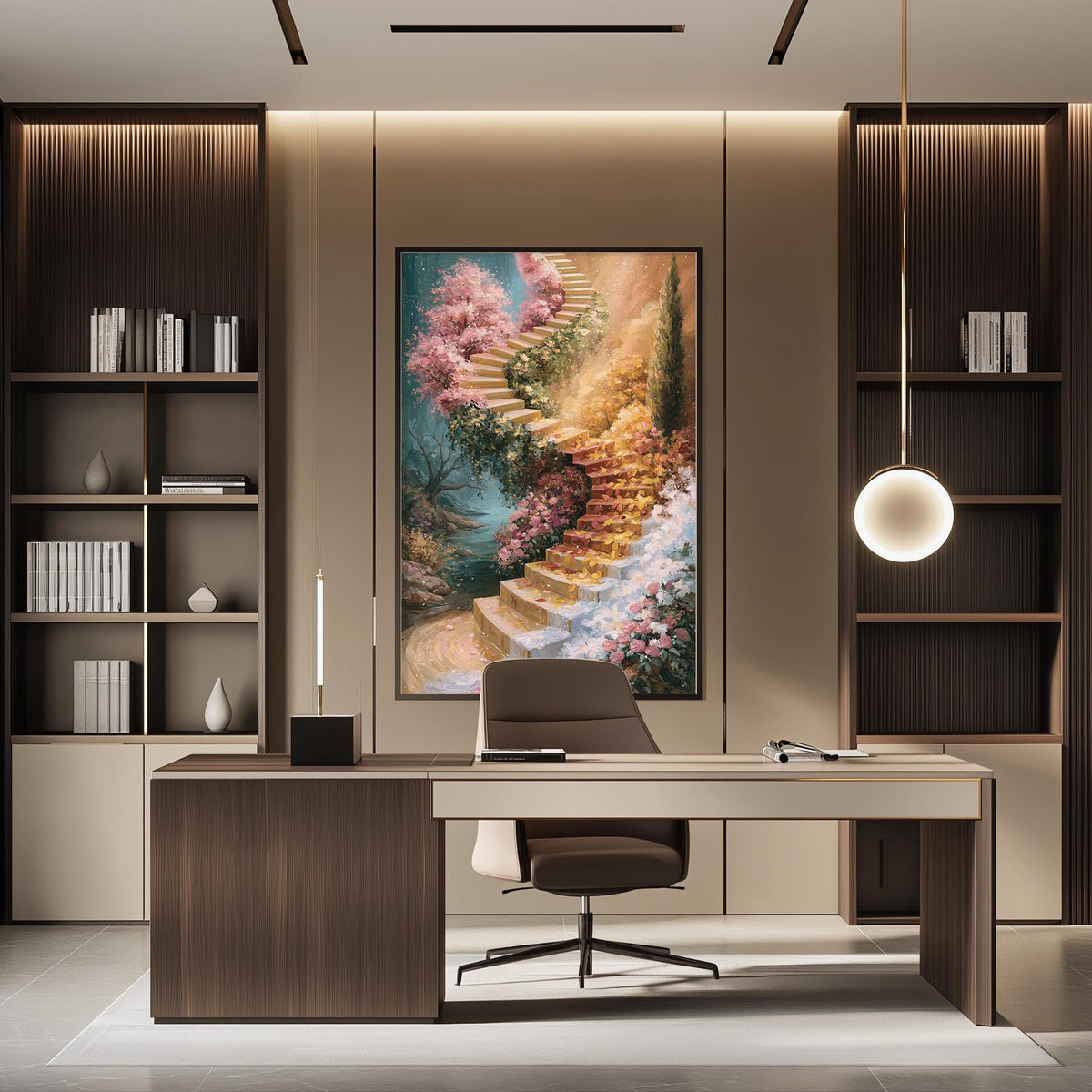 a modern and stylish office space with a large painting of a staircase leading to a garden hanging on the wall. The office features a wooden desk, a comfortable chair, and a bookshelf filled with books and decorative items.
