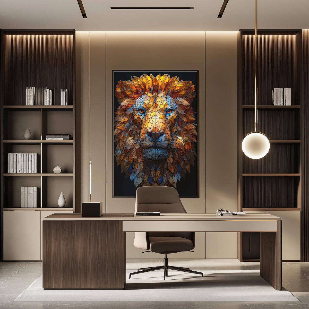a modern office space with a large, colorful painting of a lion's face on the wall. The office has a wooden desk, a comfortable chair, and a bookshelf filled with books. The overall design and decor create a professional and stylish atmosphere.