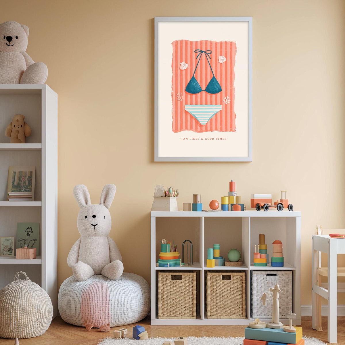 A cozy and colorful children's bedroom with a bookshelf, a plush rabbit, and a toy train set. The room has a warm and inviting atmosphere, with a framed illustration of a beach scene hanging on the wall.