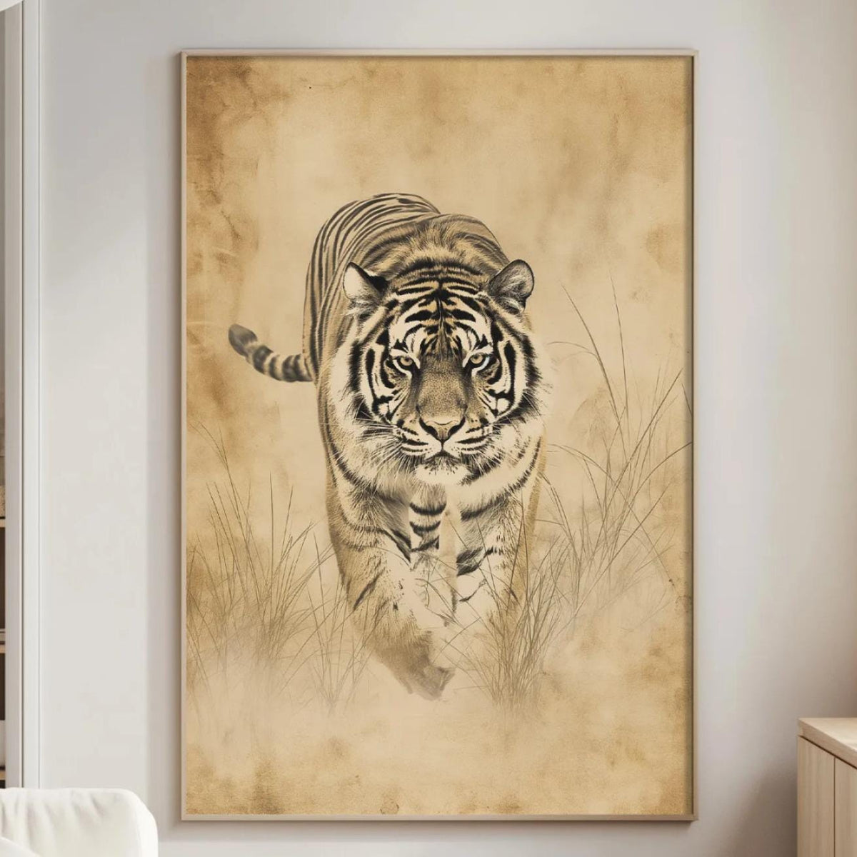 a large tiger painting hanging on the wall of a living room.
