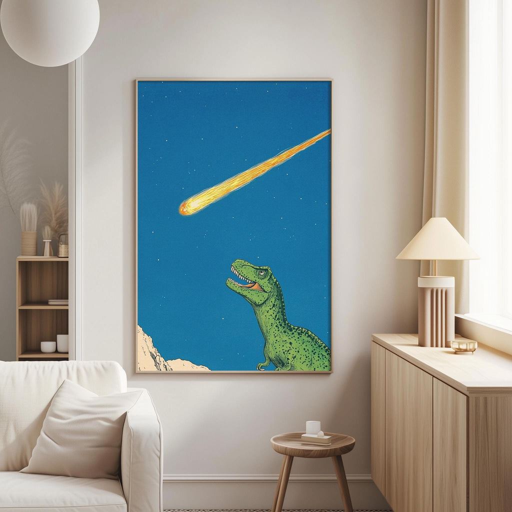 a large framed poster of a green dinosaur against a blue sky with a bright yellow meteorite streaking across it.