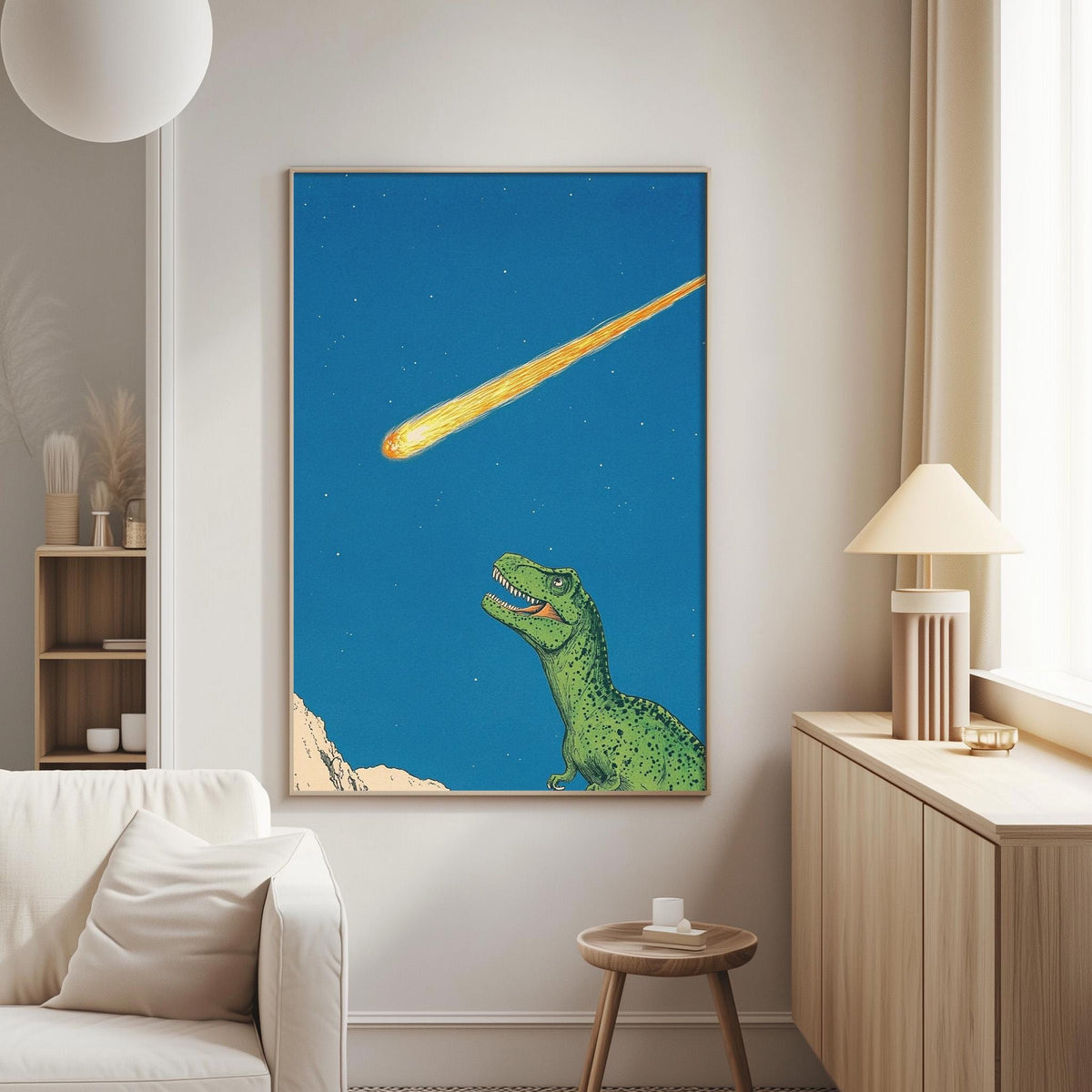 a large framed poster of a green dinosaur against a blue sky with a bright yellow meteorite streaking across it.