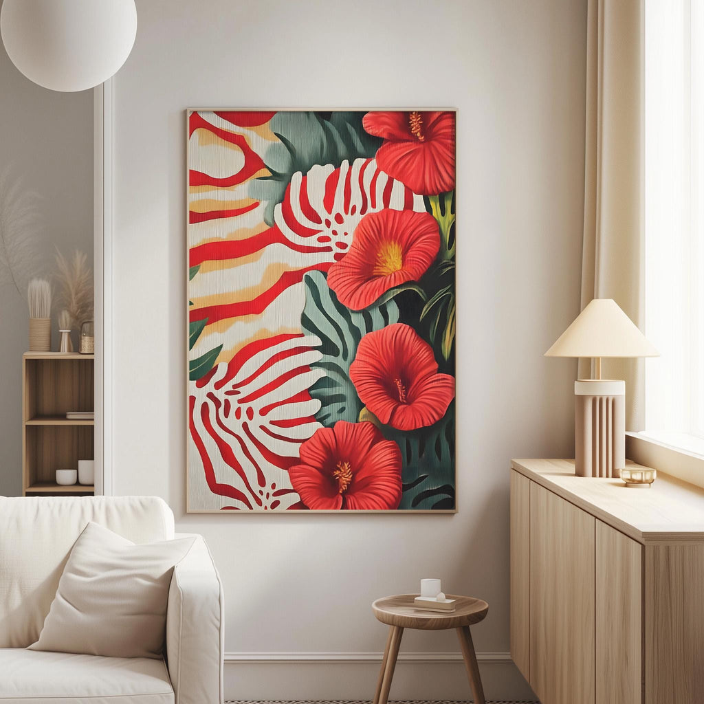 a living room with a large, colorful painting of red flowers hanging on the wall. The painting is surrounded by a white couch and a wooden side table.