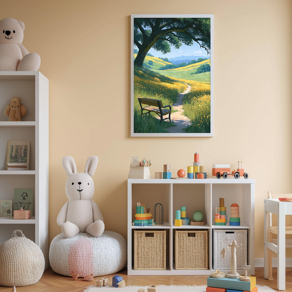 A cozy children's room with a large stuffed bunny, a bookshelf, and a toy chest filled with toys. A framed picture of a peaceful countryside landscape hangs on the wall, adding a touch of nature to the room.