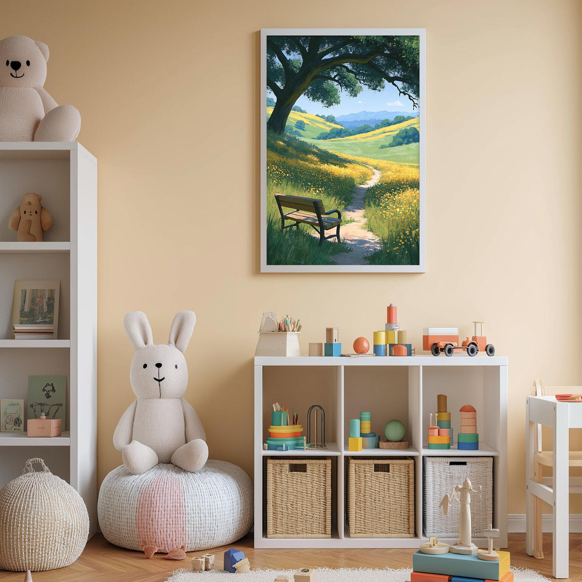 A cozy children's room with a large stuffed bunny, a bookshelf, and a toy chest filled with toys. A framed picture of a peaceful countryside landscape hangs on the wall, adding a touch of nature to the room.