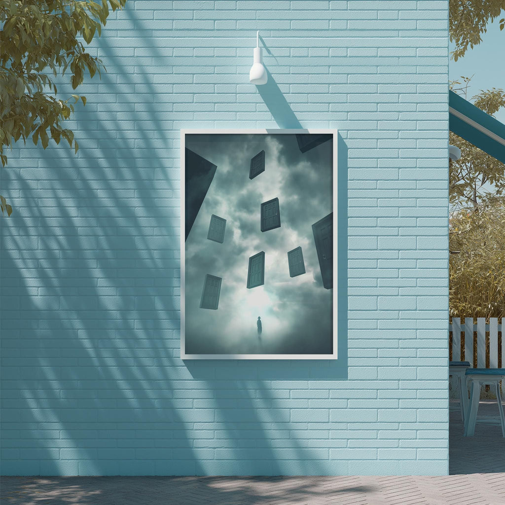 a large, square-shaped painting hanging on a light blue brick wall. The painting depicts a person standing in the center, surrounded by a cloud-like structure composed of various shapes and sizes.
