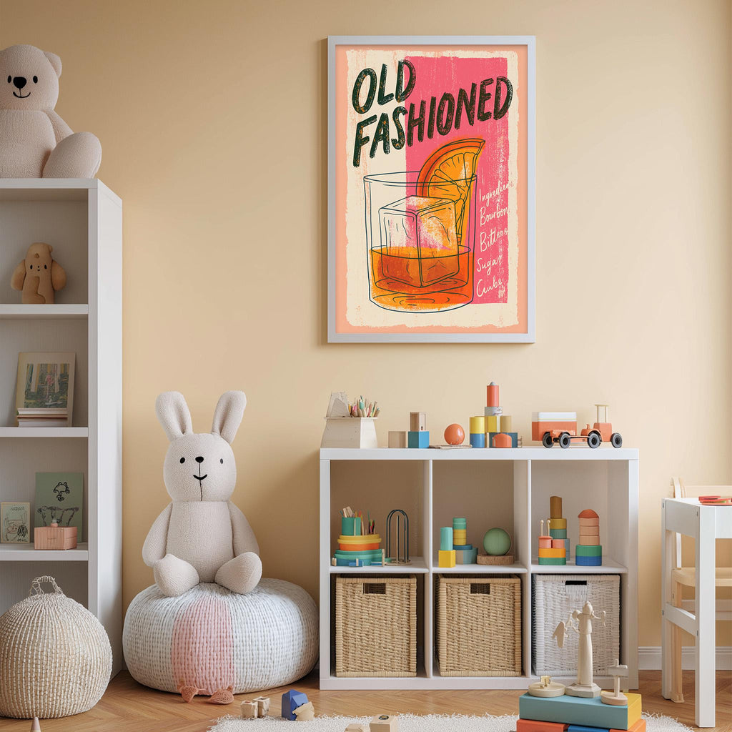 A child's bedroom with a white bookshelf, a stuffed rabbit, and a colorful poster featuring a cocktail glass and the text "OLD FASHIONED".
