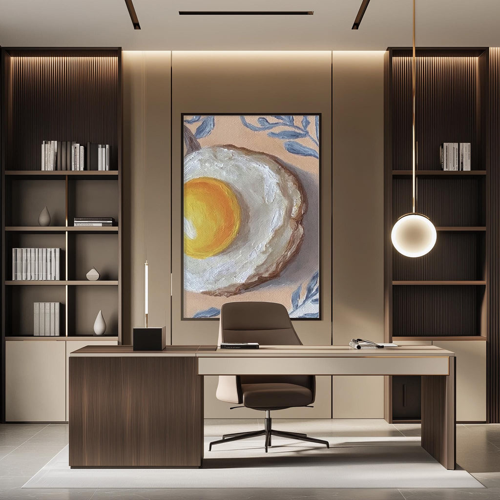 a modern office space with a large painting of an egg on the wall, a wooden desk with a chair, and built-in bookshelves.