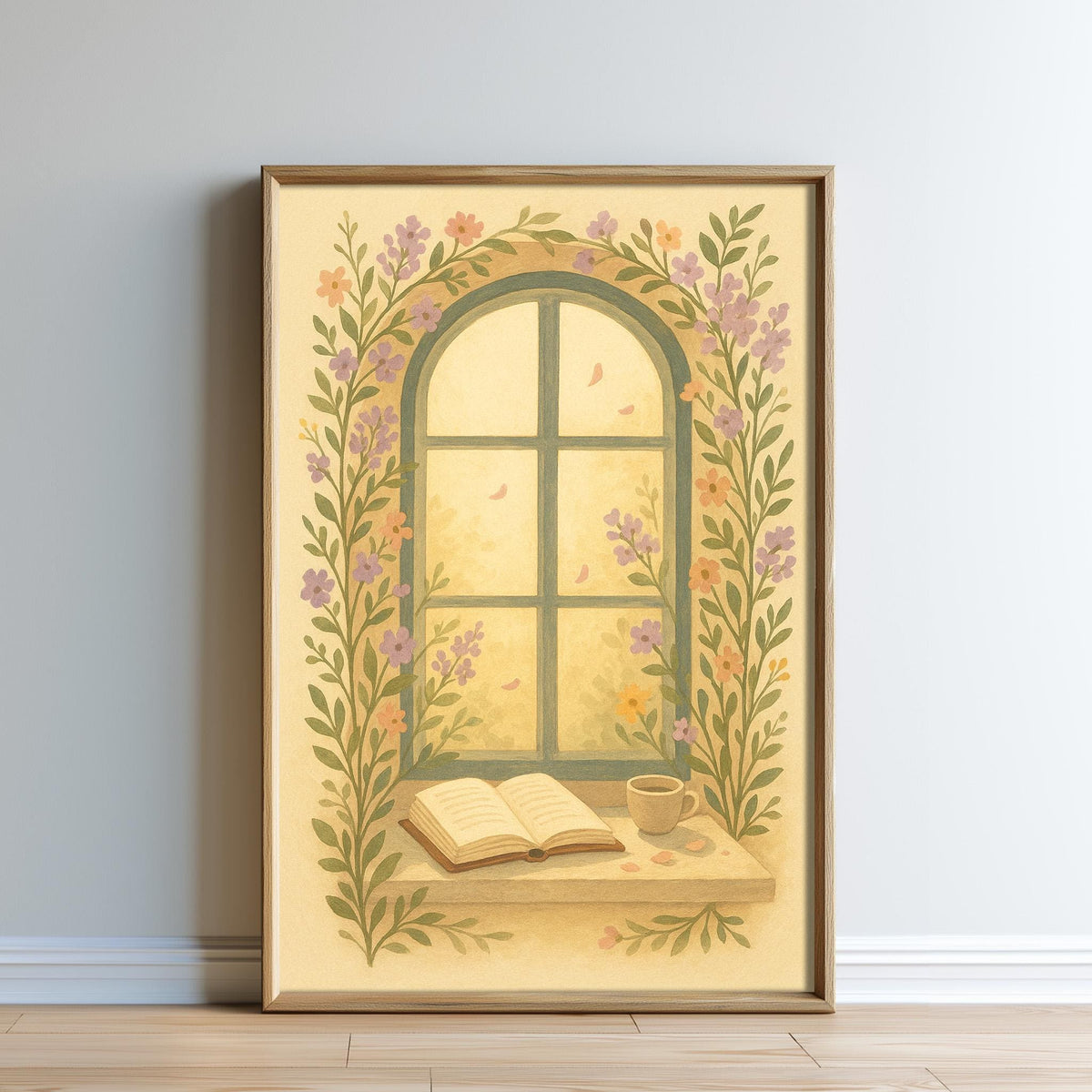 The image is a framed illustration depicting a window with a floral border, a cup of coffee, and an open book on a shelf.