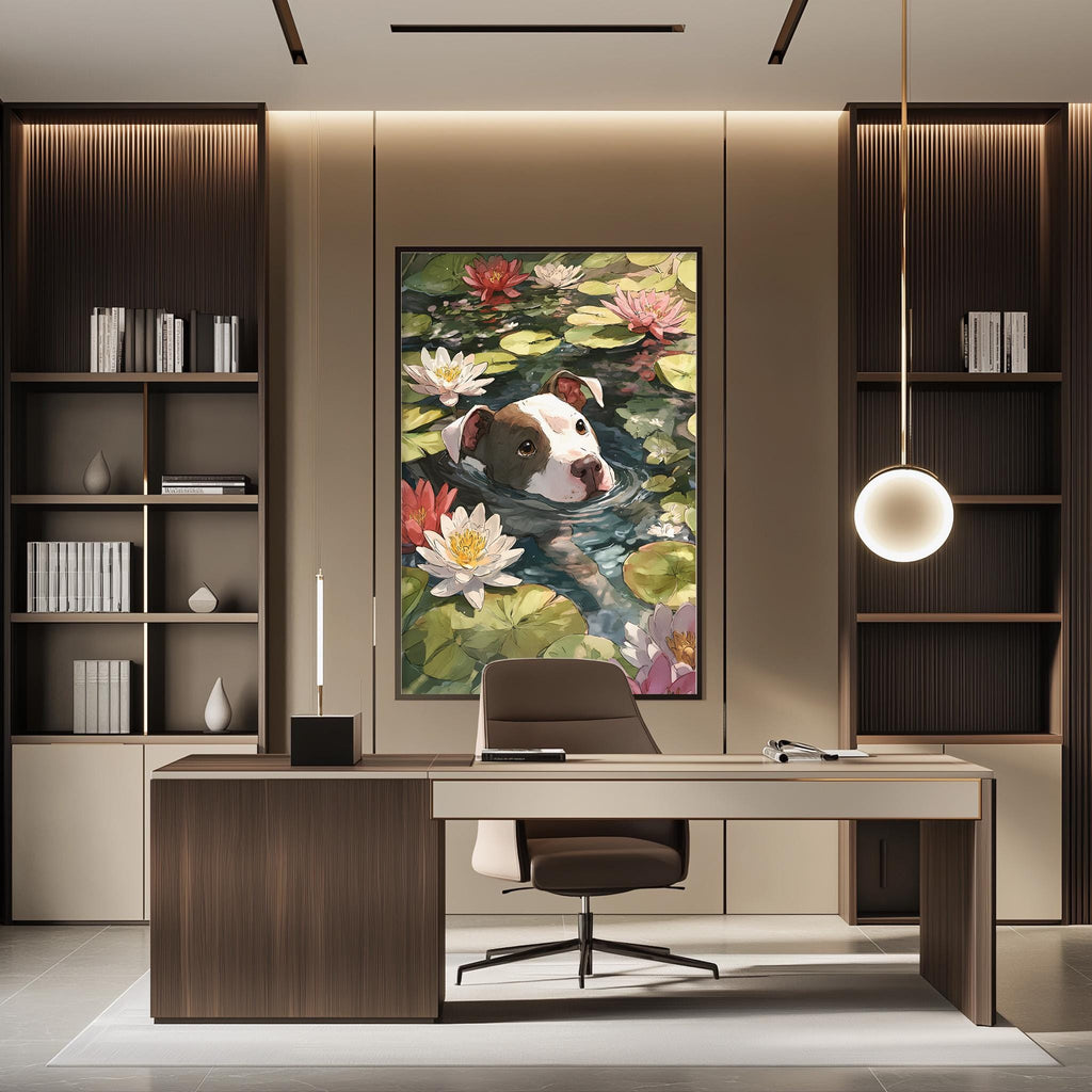 a modern office space with a large painting of a dog swimming in a pond of flowers hanging on the wall. The office has a wooden desk, a chair, and a bookshelf filled with books. The overall design and decor create a serene and creative atmosphere.