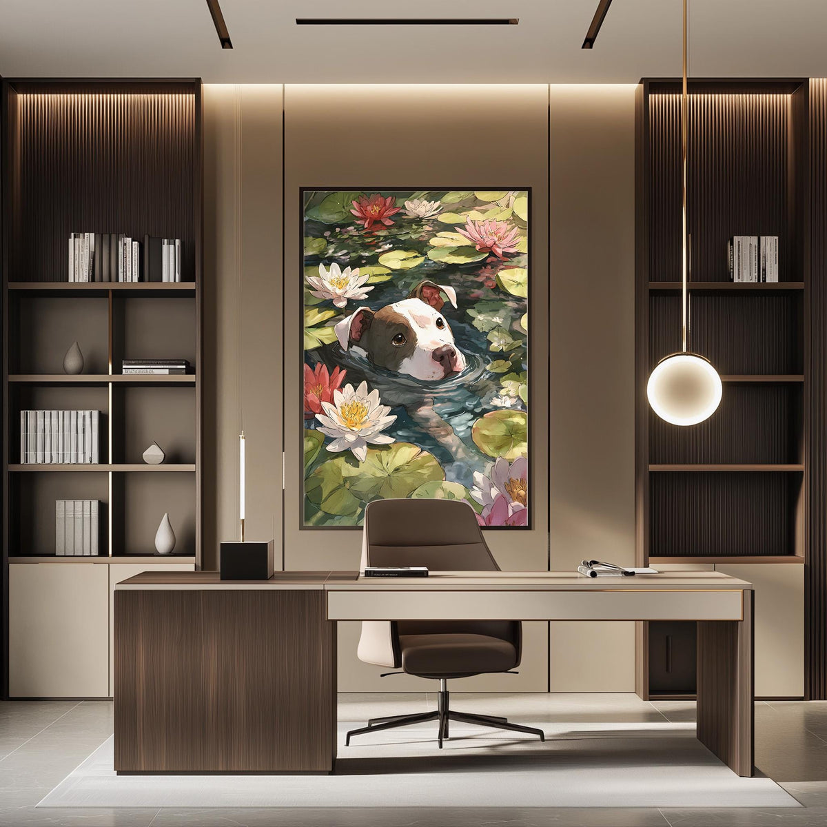 a modern office space with a large painting of a dog swimming in a pond of flowers hanging on the wall. The office has a wooden desk, a chair, and a bookshelf filled with books. The overall design and decor create a serene and creative atmosphere.
