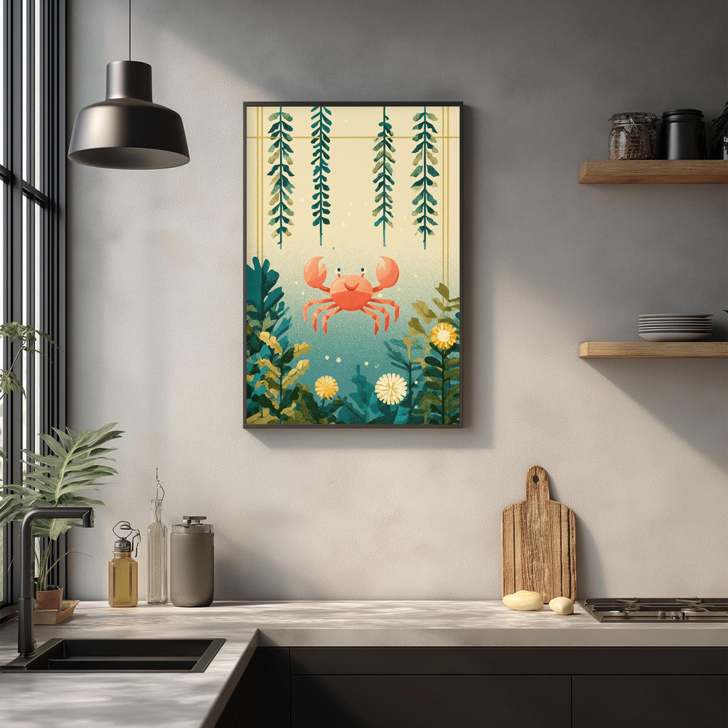 a kitchen counter with a framed illustration of a crab surrounded by plants and flowers, hanging on the wall above it.