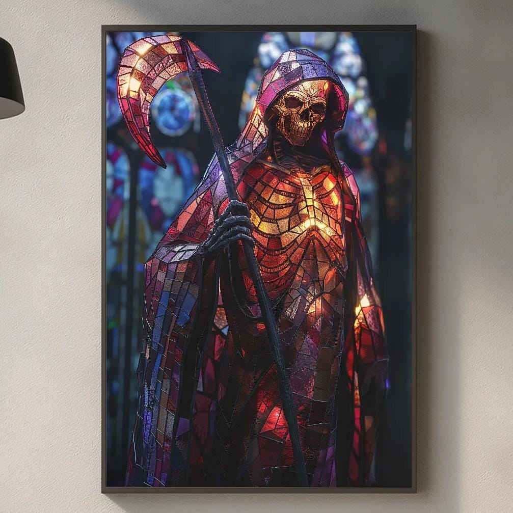 a framed artwork of a colorful, abstract figure hanging on a wall in a modern kitchen setting.