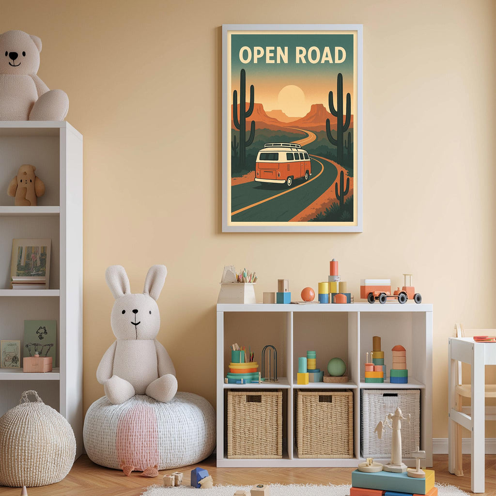 A child's bedroom with a white bookshelf, a stuffed rabbit, and a colorful toy set. Above the bookshelf is a framed poster of a van driving down an open road with a desert landscape in the background.