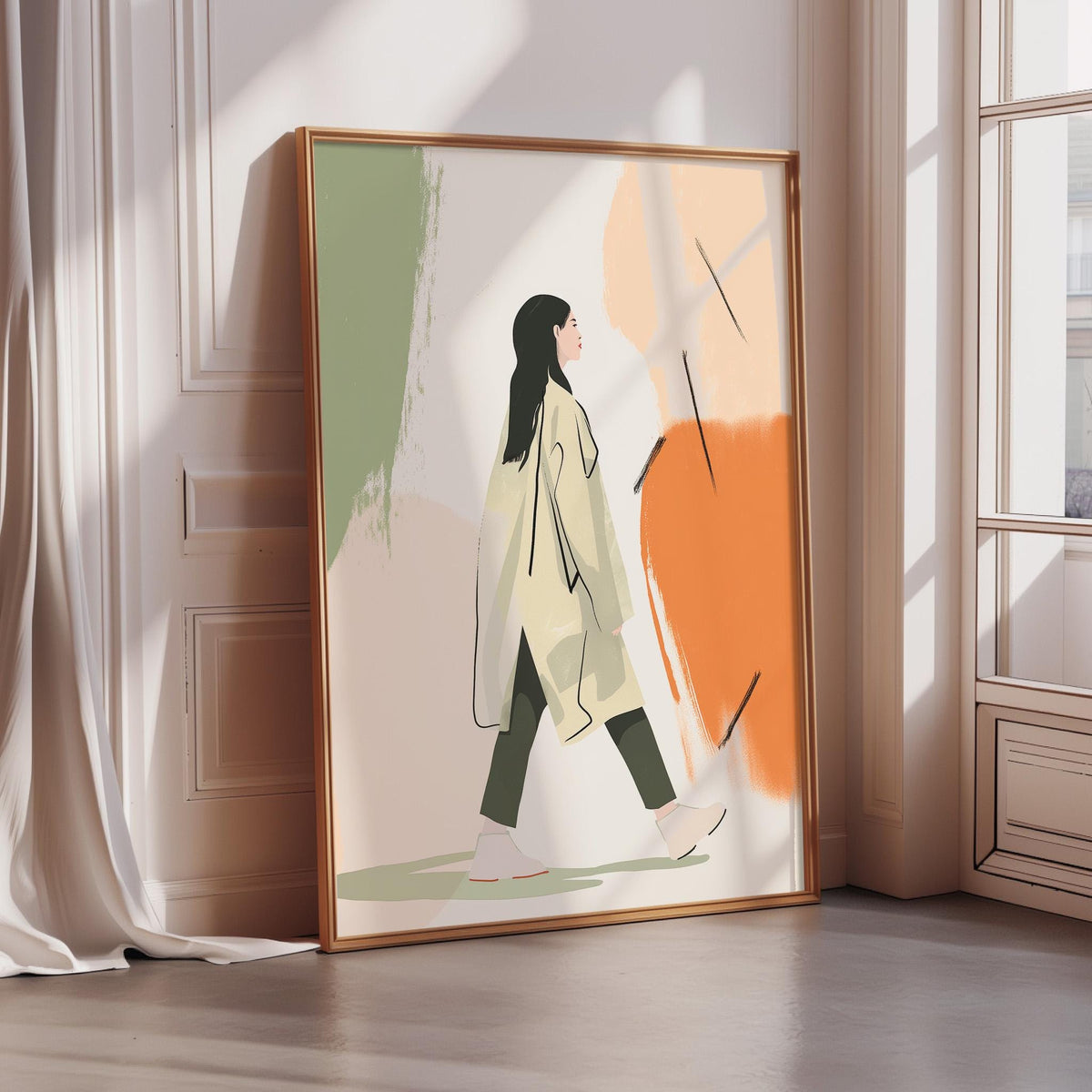 a framed illustration of a woman walking in a hallway.