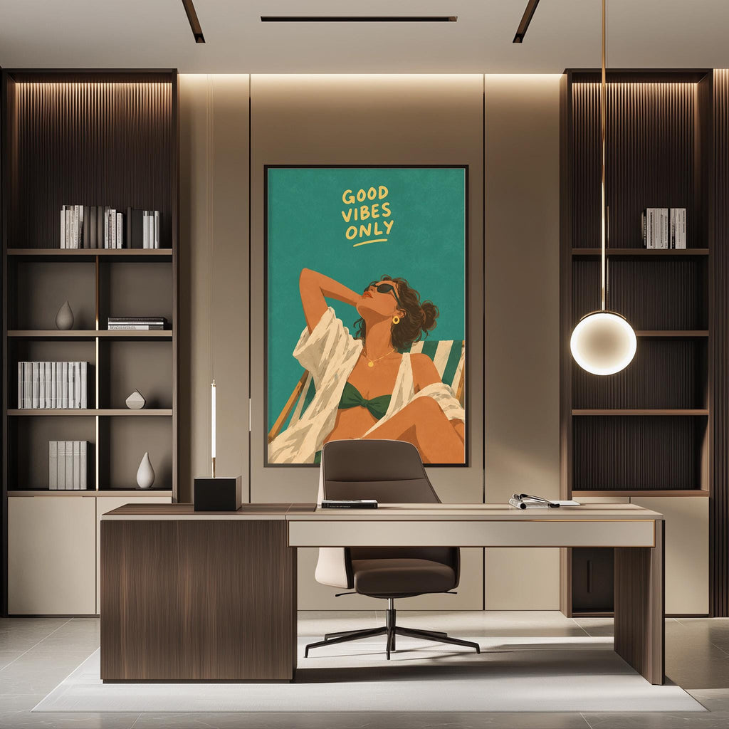a modern office space with a large framed poster of a woman in a white dress and sunglasses on the wall, along with a desk and chair.