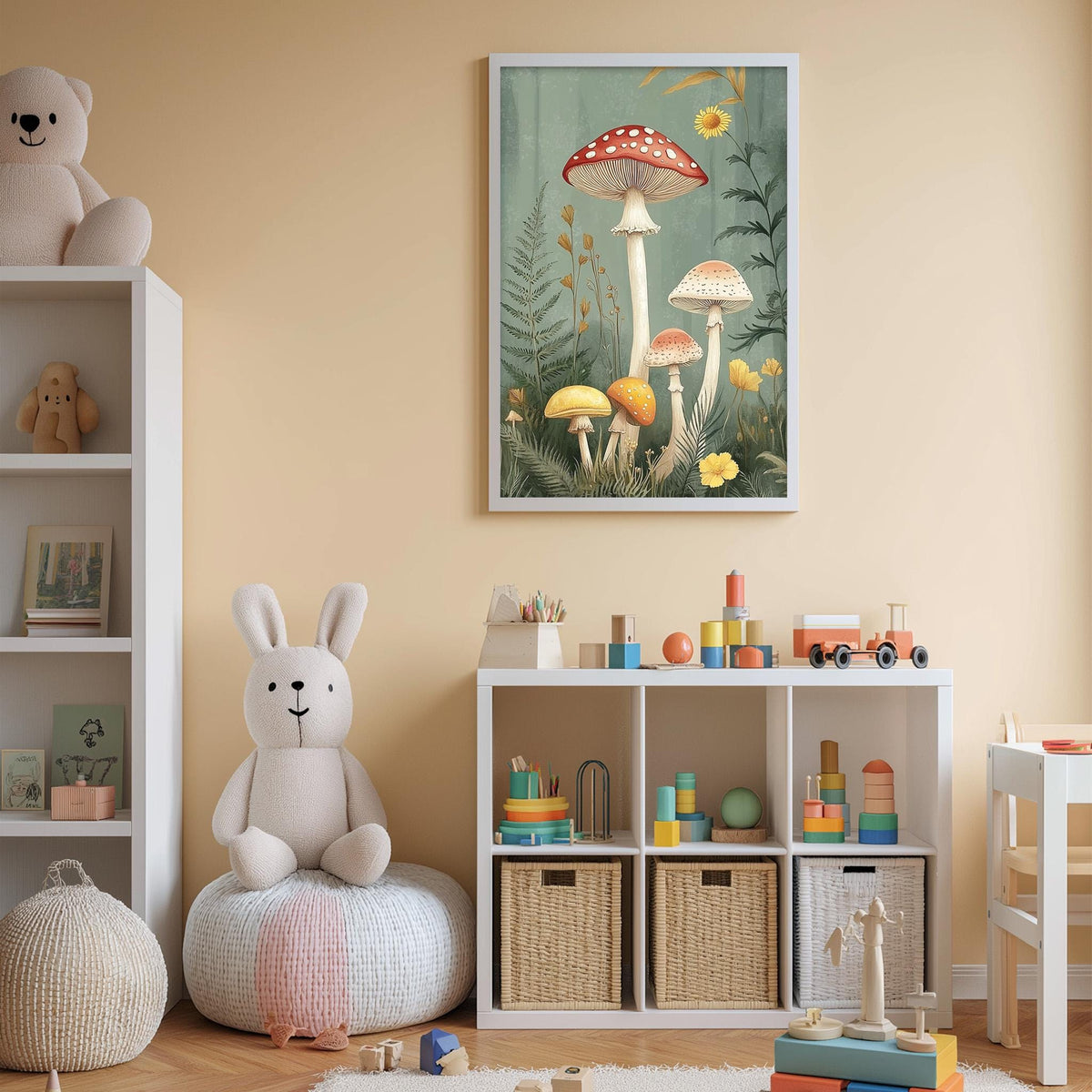 A cozy children's room with a white bookshelf, a plush rabbit, and a colorful toy box filled with toys. Above the bookshelf is a framed picture of mushrooms and plants, adding a whimsical touch to the space.