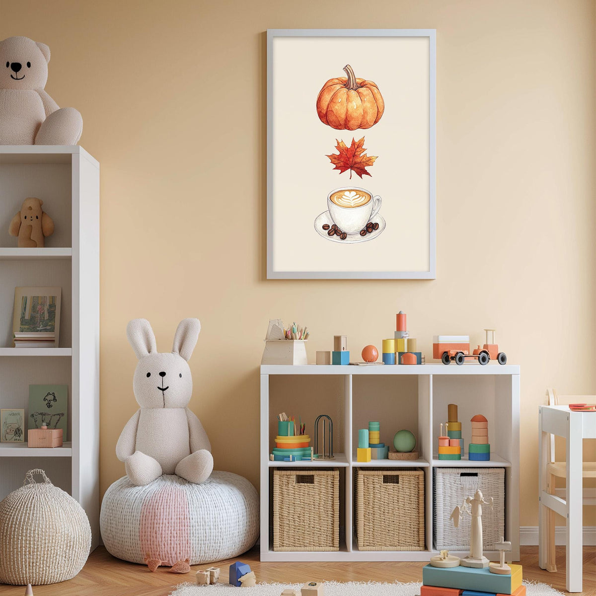 A cozy children's room with a white bookshelf, a plush rabbit, and a framed print of a pumpkin and coffee cup on the wall.