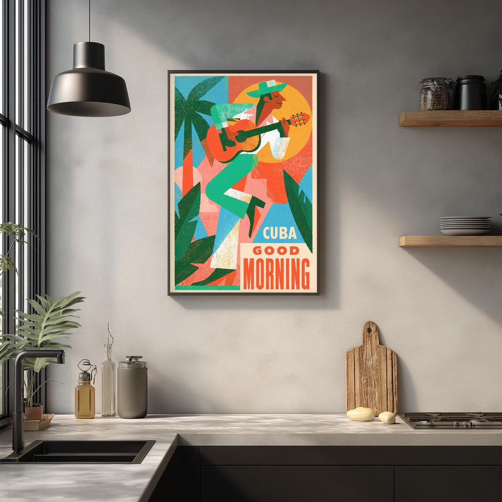 a colorful poster of a man playing a guitar, hanging on a wall above a kitchen counter.