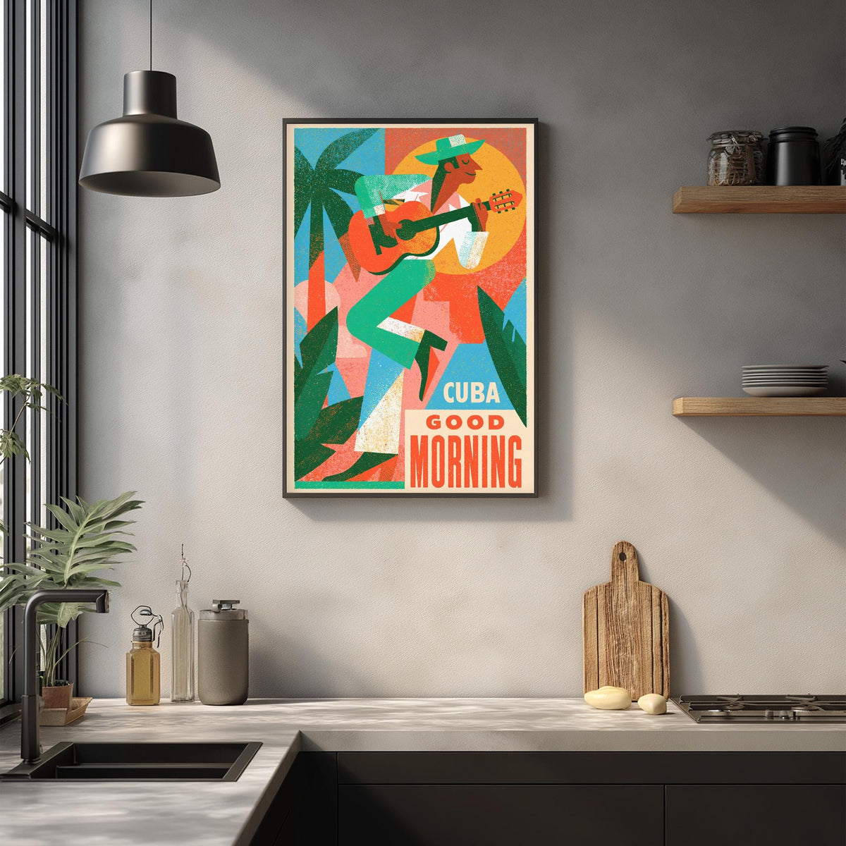 a colorful poster of a man playing a guitar, hanging on a wall above a kitchen counter.