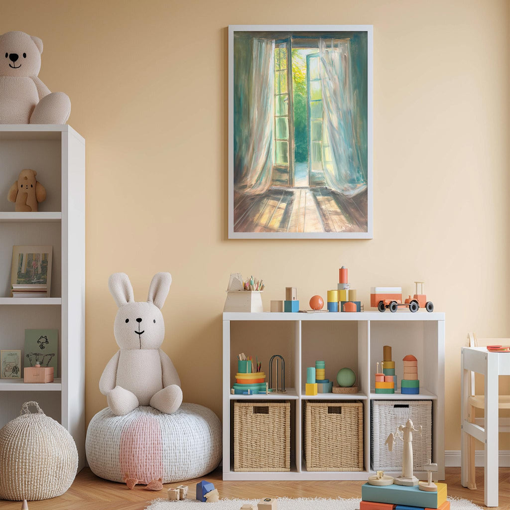 A cozy children's room with a large stuffed bunny, a bookshelf, and a colorful toy box filled with toys. A framed painting of an open window is displayed on the wall above the toy box.