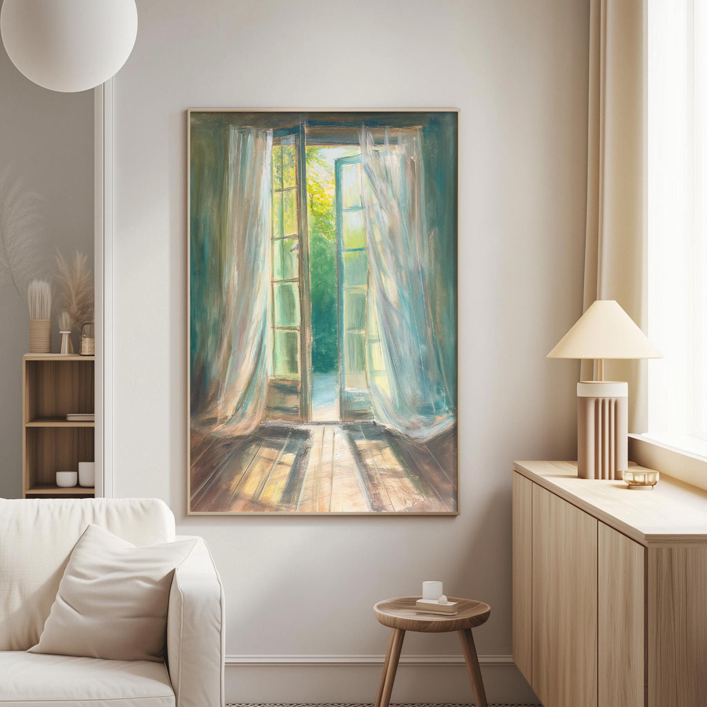 a serene living room with a large painting of an open window on the wall, featuring a view of a lush green landscape. The room is furnished with a white sofa, a wooden side table, and a lamp on a wooden cabinet.