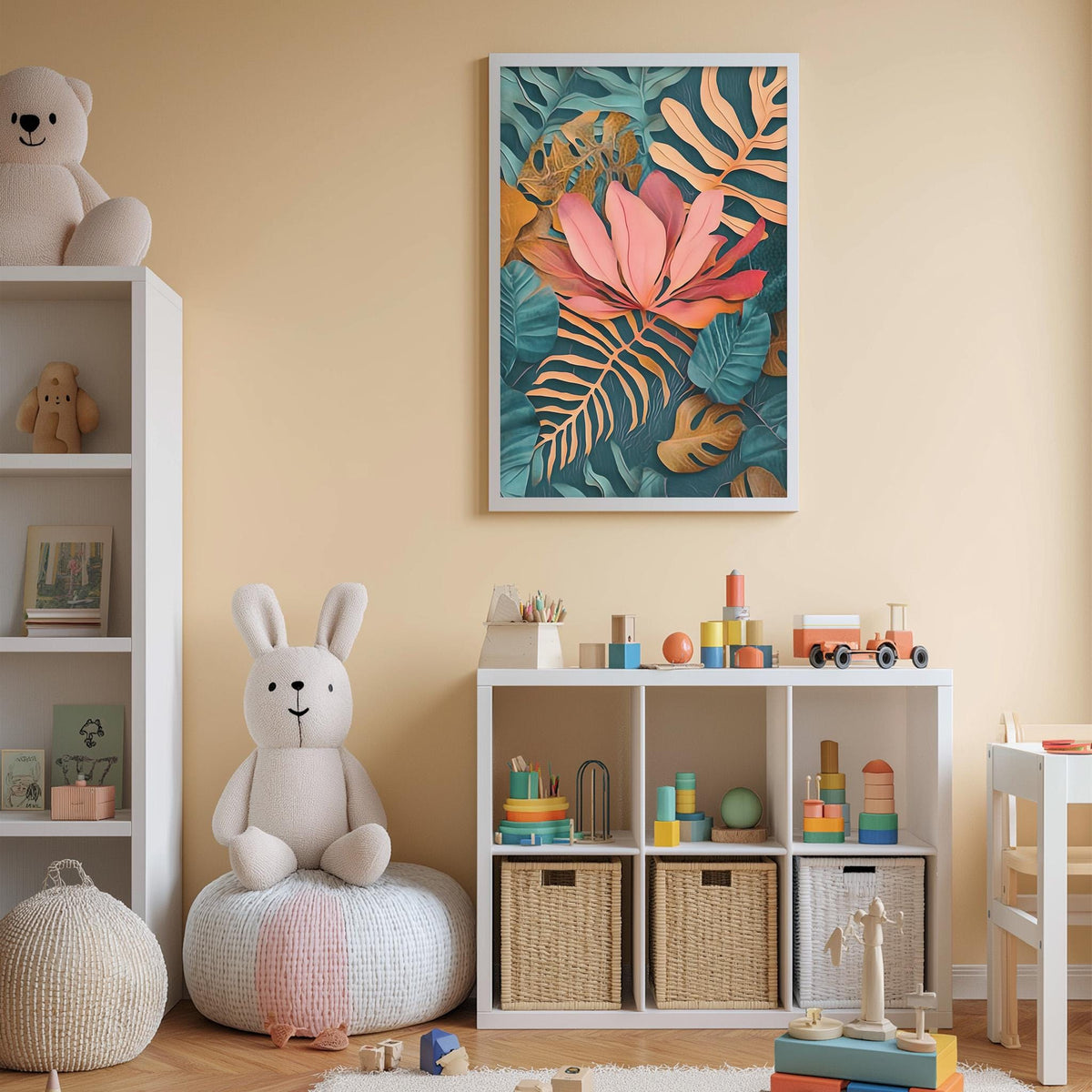 A cozy and colorful children's bedroom with a large stuffed rabbit, a bookshelf, and a toy storage unit filled with toys and books.