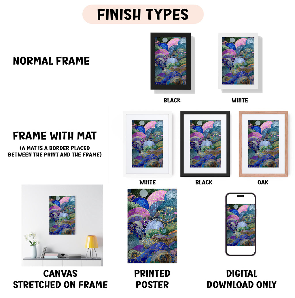 various types of artwork, including a canvas stretched on a frame, a framed print, and a digital poster. The artwork is presented in different frame colors, such as black, white, and oak. The image also includes a description of the artwork, including the finish types and the materials used, such as canvas and printed poster.