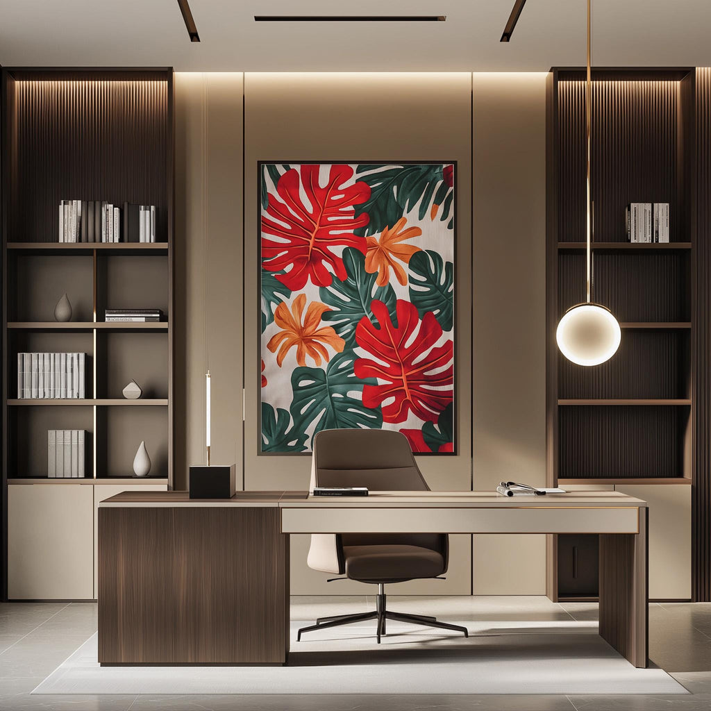 a modern and stylish office space with a large, colorful abstract painting of tropical leaves as the focal point. The room features a wooden desk with a comfortable chair, and a bookshelf filled with various books and decorative items. The overall design and layout create a visually appealing and functional workspace.