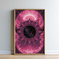 The image is a framed artwork depicting a vibrant, abstract design with a central circular motif surrounded by a floral pattern in shades of pink and purple.