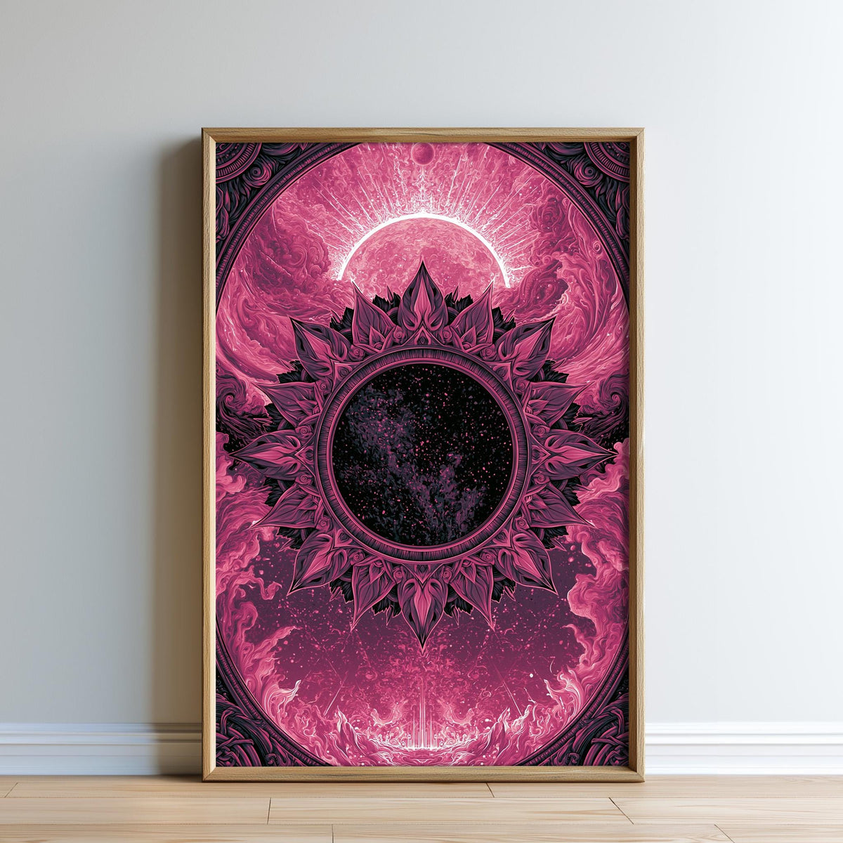 The image is a framed artwork depicting a vibrant, abstract design with a central circular motif surrounded by a floral pattern in shades of pink and purple.