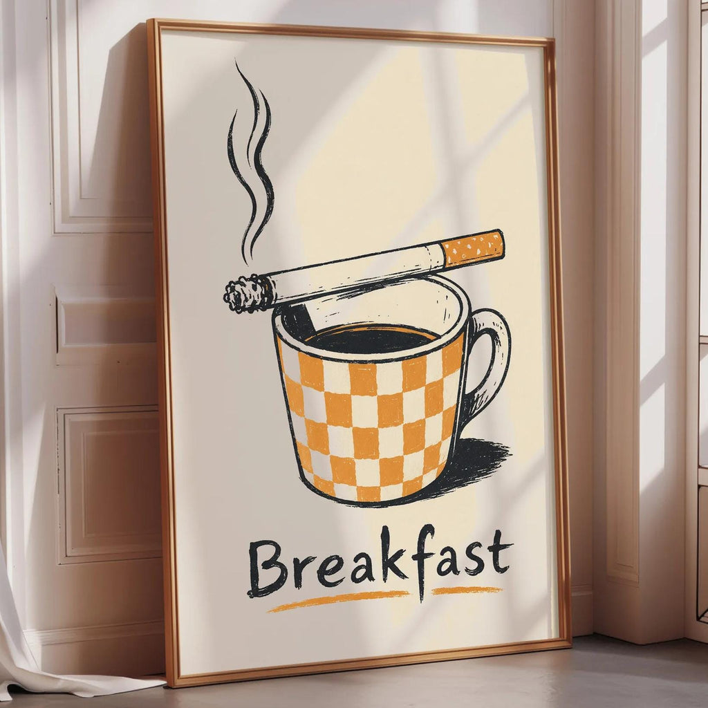 A framed poster with a checkered cup of coffee and a lit cigarette, accompanied by the word "Breakfast".