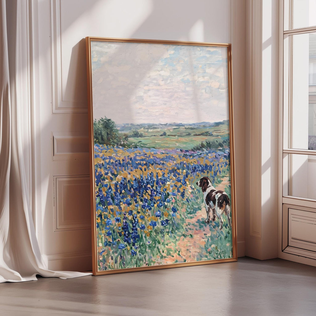 a large painting of a dog standing in a field of flowers, with a landscape in the background.