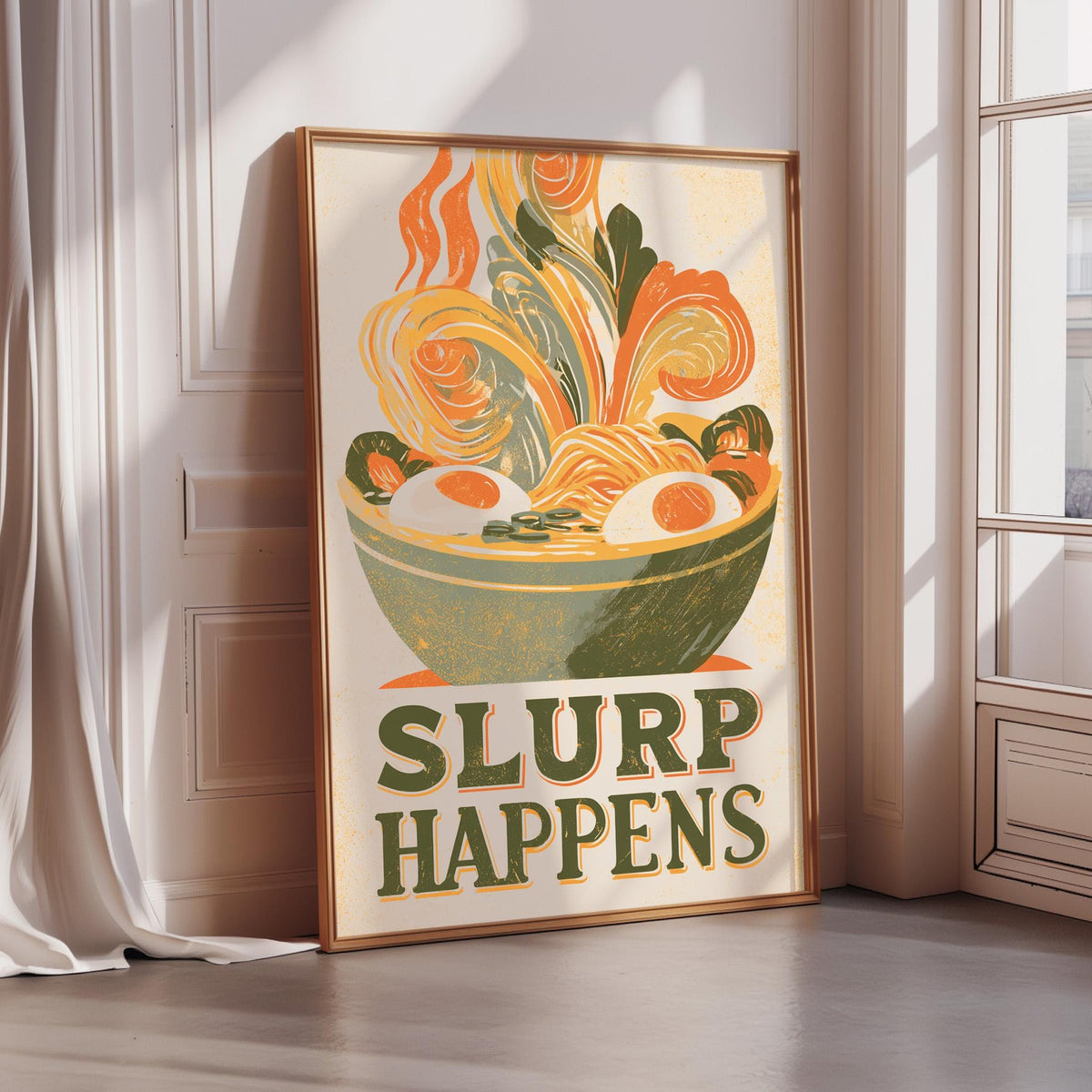 A framed poster with a vibrant illustration of a bowl of noodles and vegetables, accompanied by the text "SLURP HAPPENS".